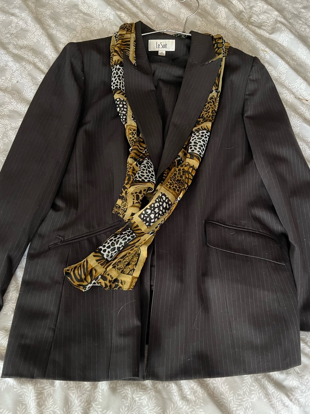 Le Suit Brown Pinstripe Pantsuit with Gold Animal-Print Scarf